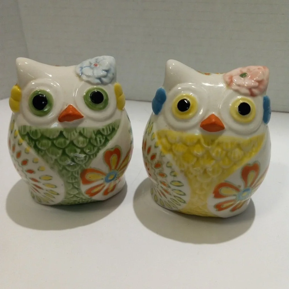 Pier 1 Imports Owl Salt And Pepper Shakers With flowers.